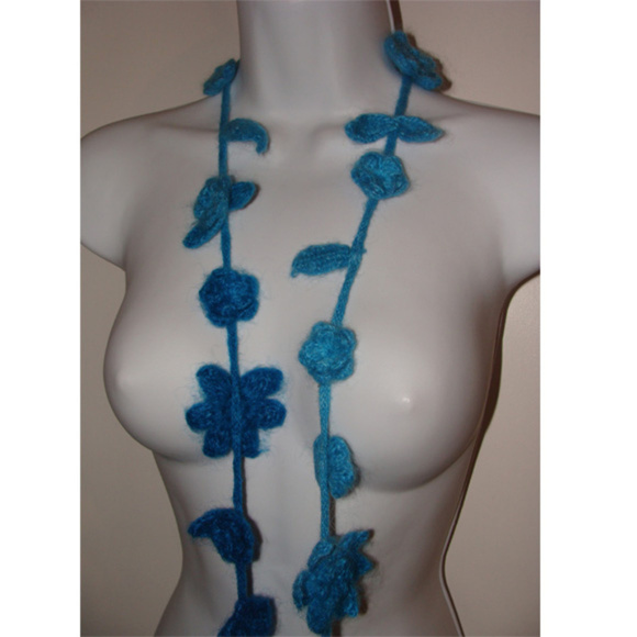 𝅺Wool knit whimsy statement extra long neck wrap scarf gradient flowers. - Picture 2 of 4